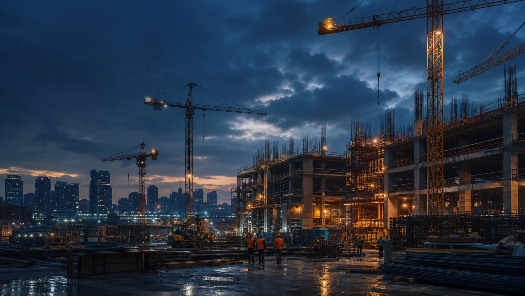 Modern construction site at dusk