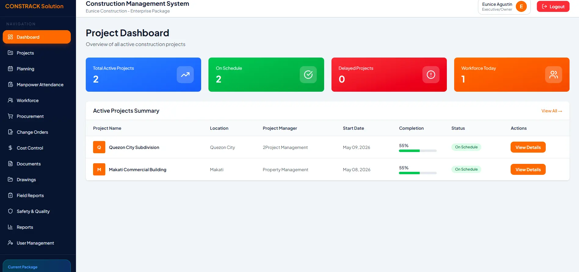 CONSTRACK Executive Dashboard screen