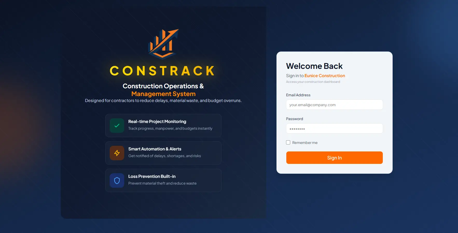 CONSTRACK login screen preview